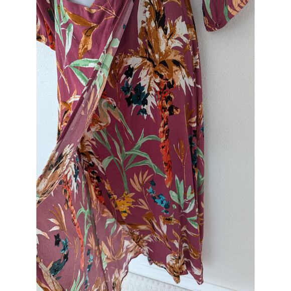 Express Womens Floral Front Cutout Midi Wrap Dress Sz Small Burgundy Multi-Color - Picture 3 of 8